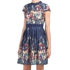 NWT Foxiedox Navy Floral Lace Hem Fit and Flare Open Keyhole Back Dress Size L